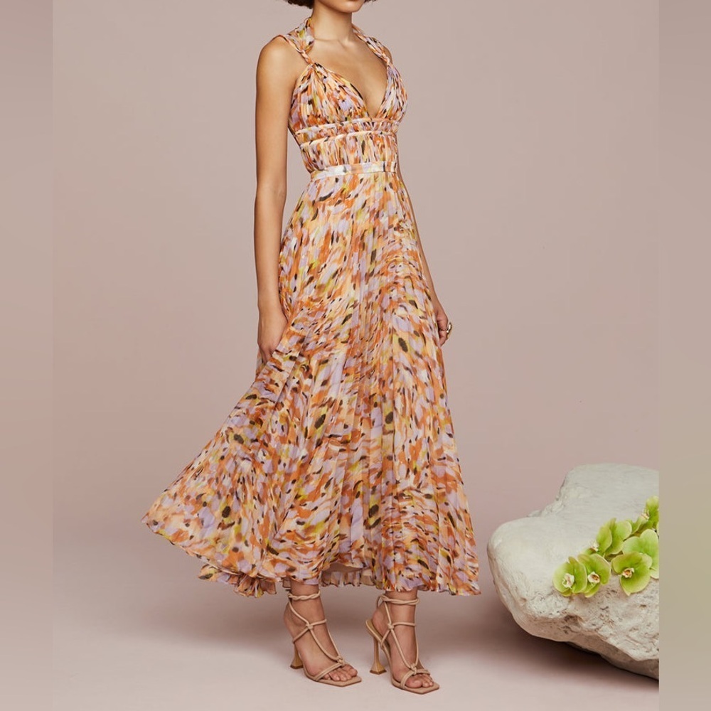 AMUR Neve Pleated Chiffon V-Neck Midi Dress in the Pebble Beach Print Size 10
